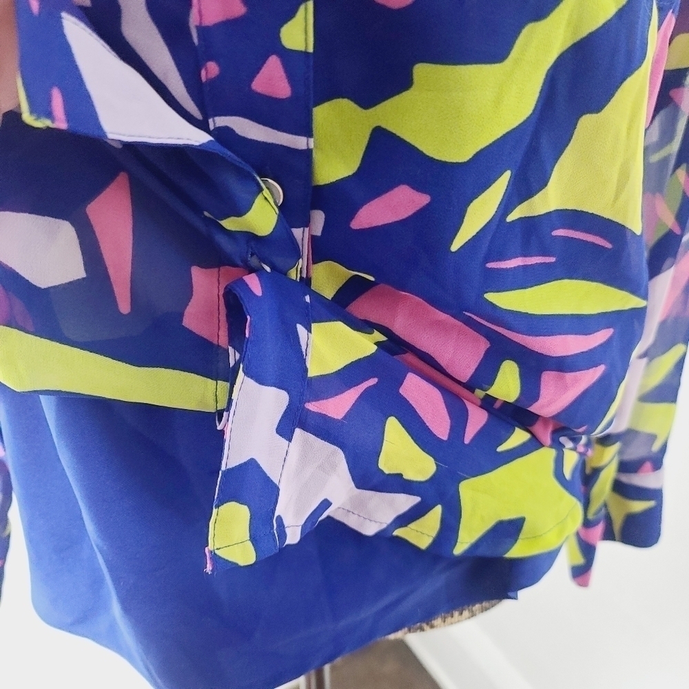 Neon Colorful Geometric Liz Claiborne Blouse Medium Career Semi Sheer - Picture 6 of 14